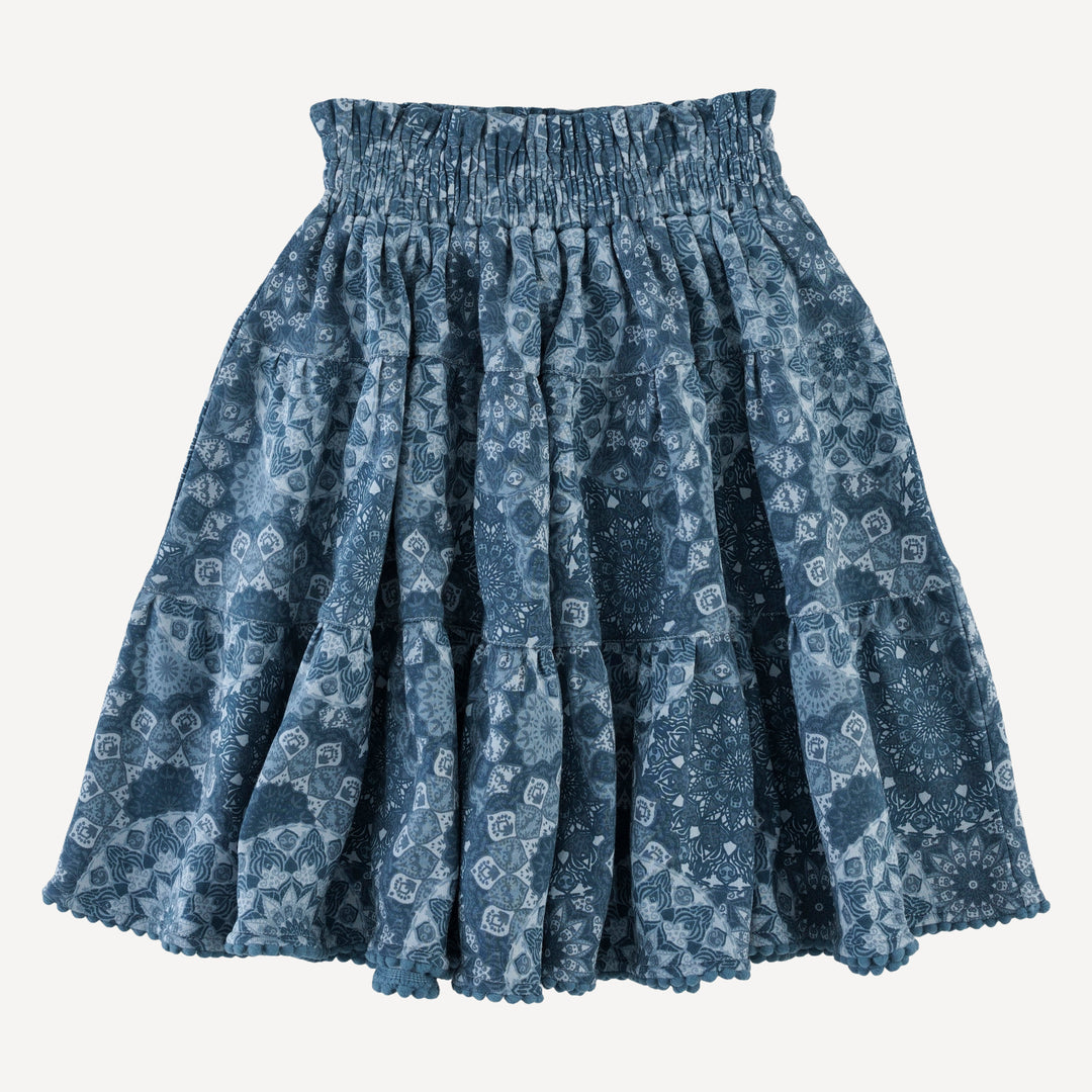 smocked tiered pom pom maxi skirt | celestial mandala | organic cotton interlock