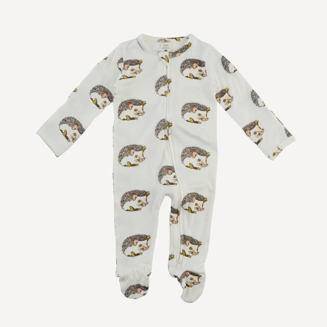 long sleeve two way zipper footie | gold hedgehogs | bamboo