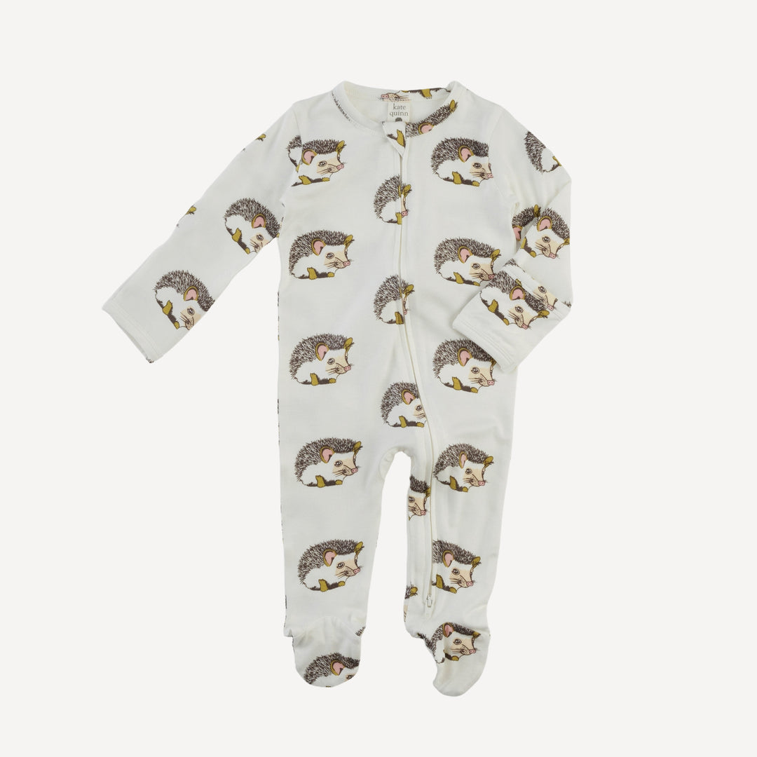 long sleeve two way zipper footie | gold hedgehogs | bamboo