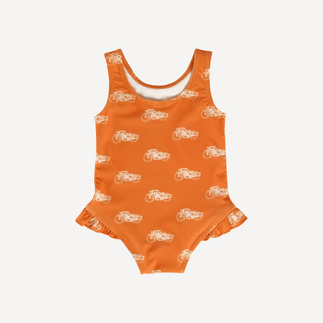 ruffle leg tank swimsuit | orange vintage motorcycle | swim