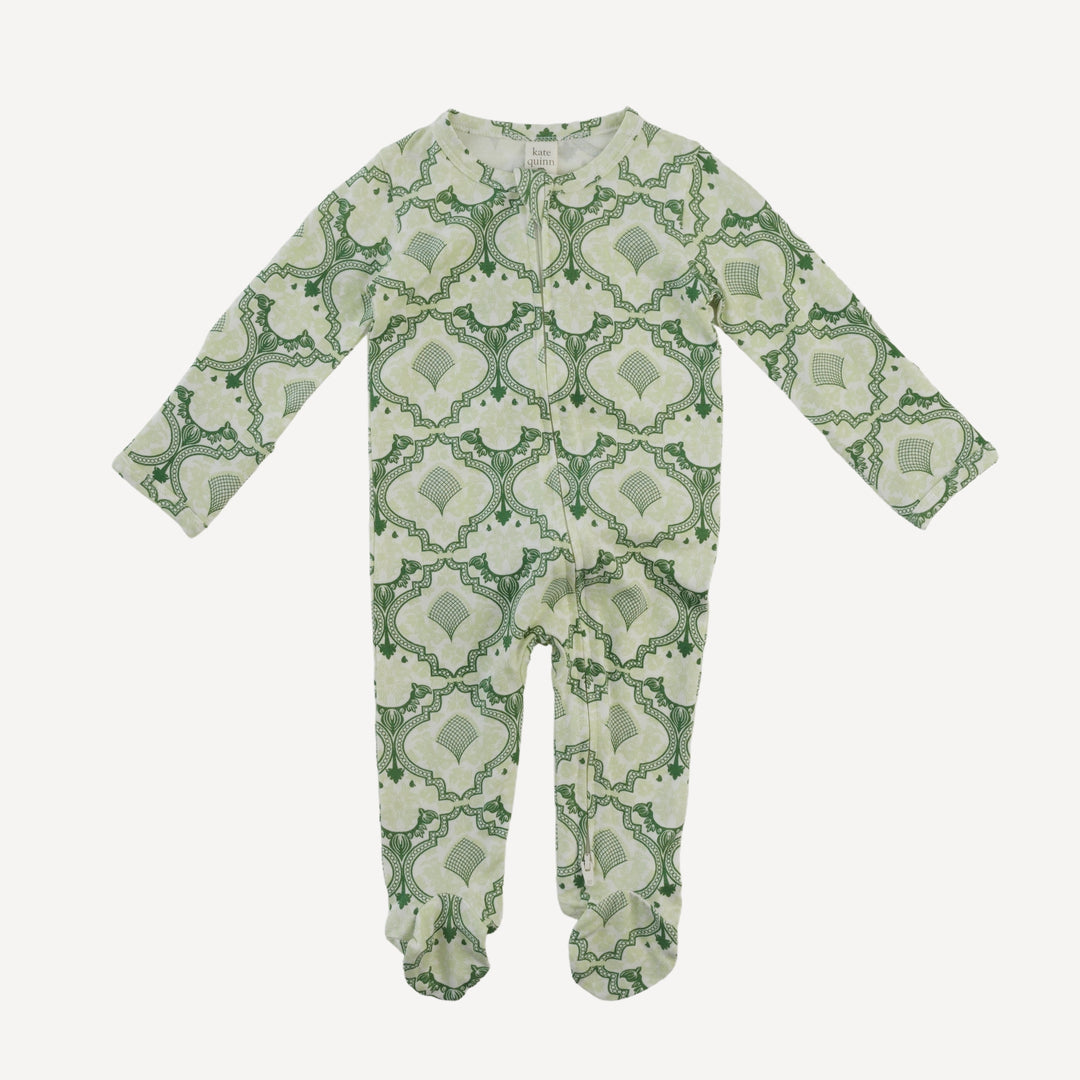 long sleeve two way zipper footie | fog green folk floral | bamboo