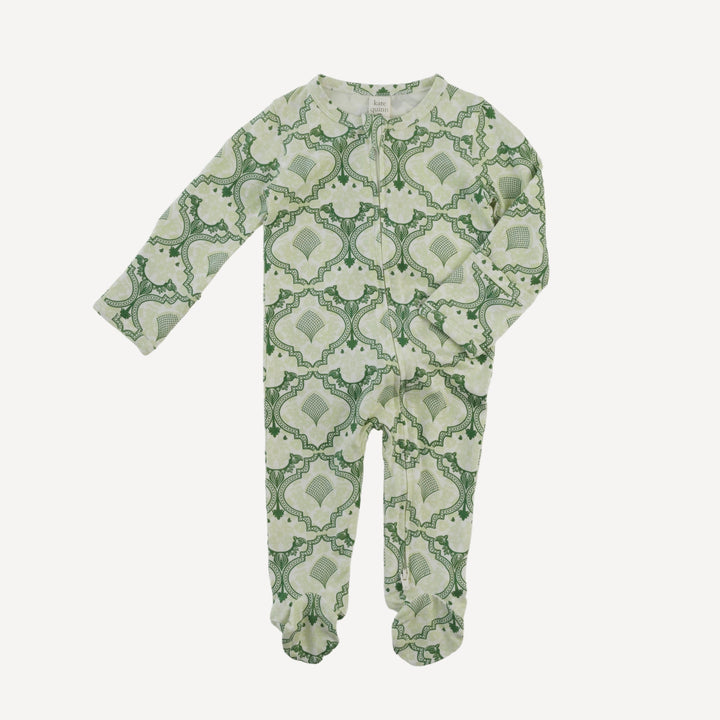 long sleeve two way zipper footie | fog green folk floral | bamboo