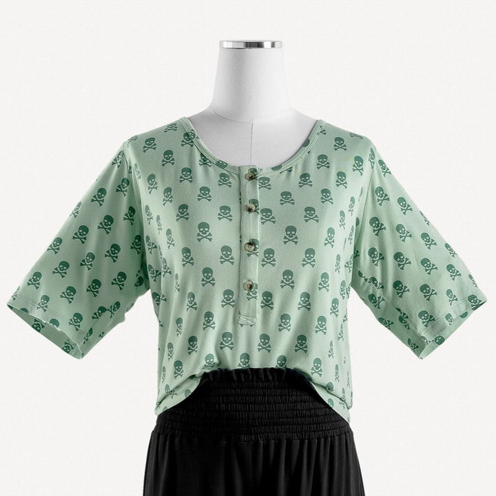 womens relaxed lounge henley | green skulls | organic cotton interlock
