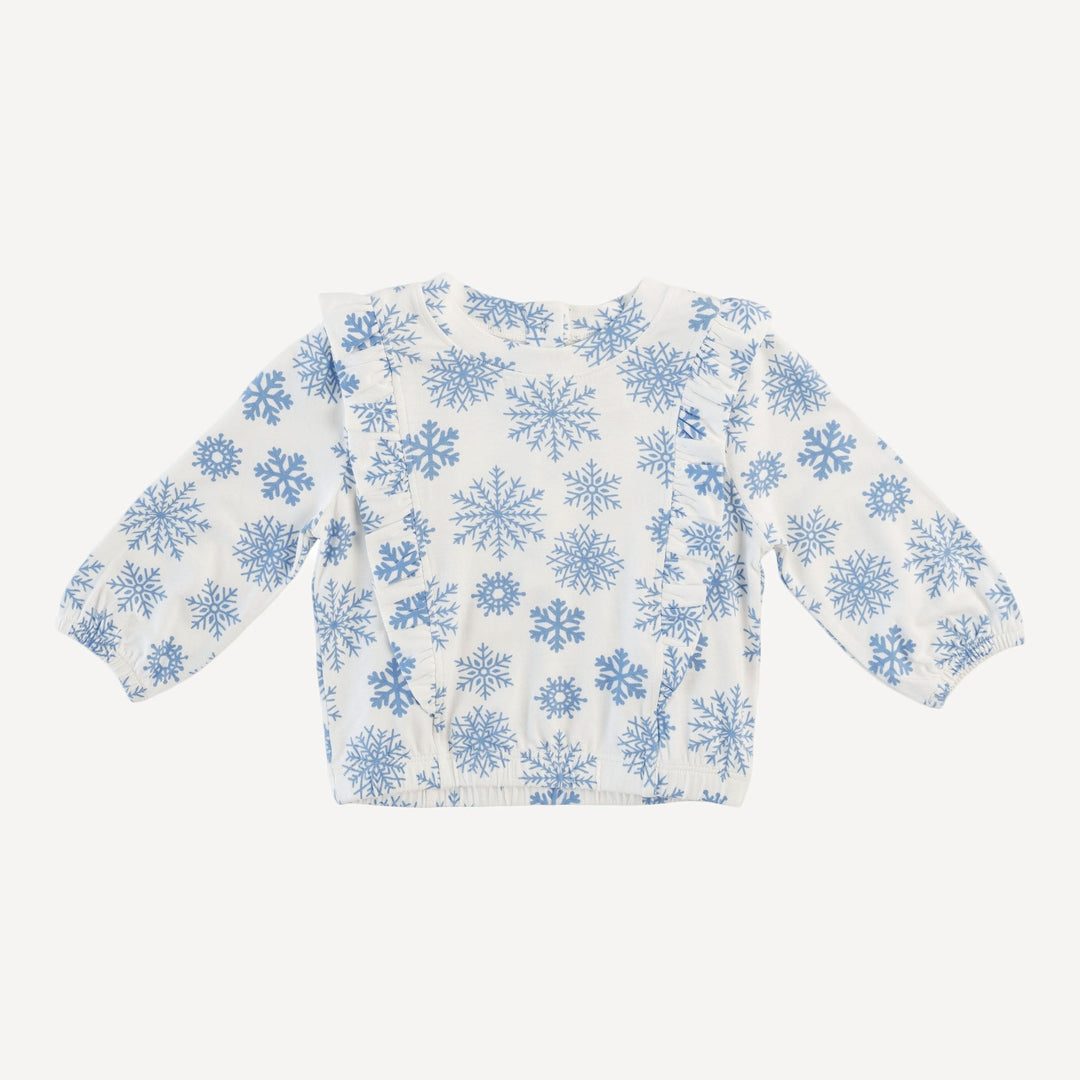 side ruffle scoop neck top | blue snowflake | bamboo