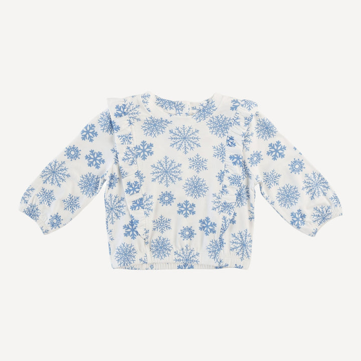 side ruffle scoop neck top | blue snowflake | bamboo
