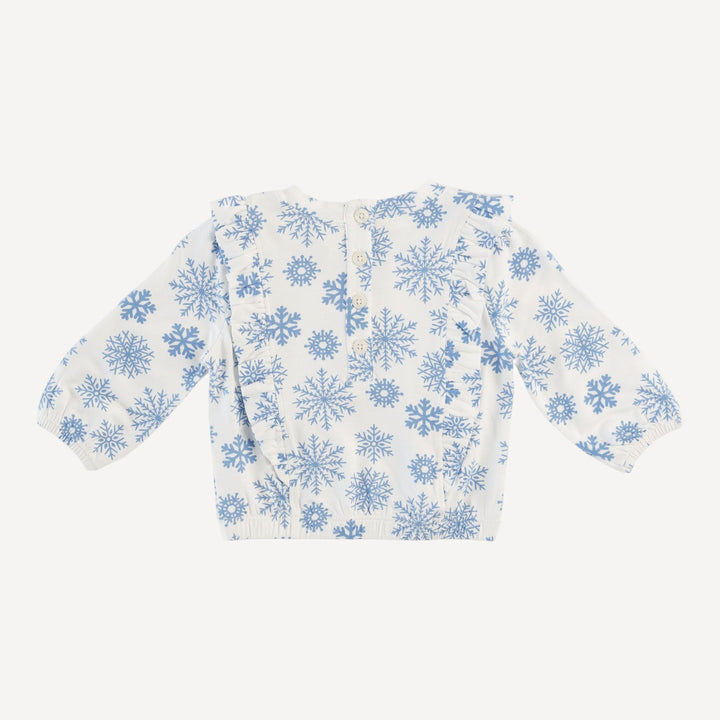 side ruffle scoop neck top | blue snowflake | bamboo