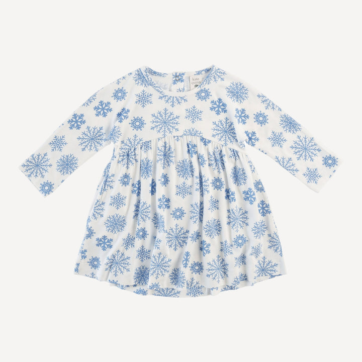 long sleeve gathered waist t-shirt dress | blue snowflake | bamboo