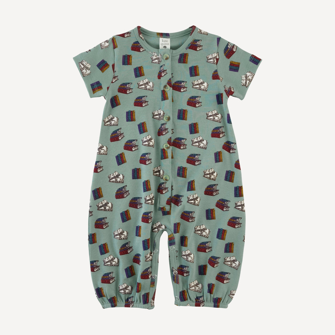 short sleeve button bubble jumpsuit | books | organic cotton interlock
