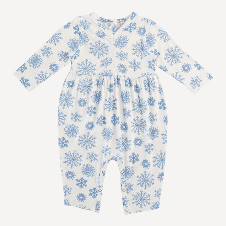 long sleeve ruched jumpsuit | blue snowflake | bamboo