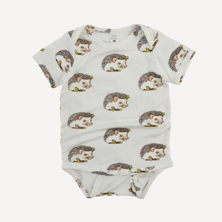short sleeve lap neck bodysuit | gold hedgehogs | bamboo