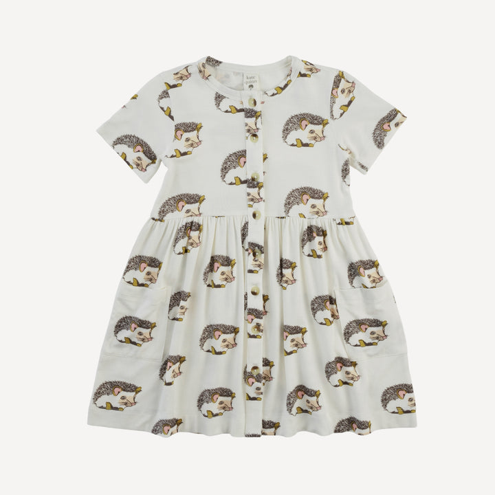 short sleeve button front pocket dress | gold hedgehogs | bamboo
