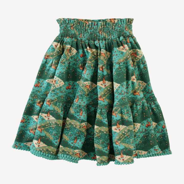 smocked tiered pom pom maxi skirt | bunny fields | organic cotton interlock