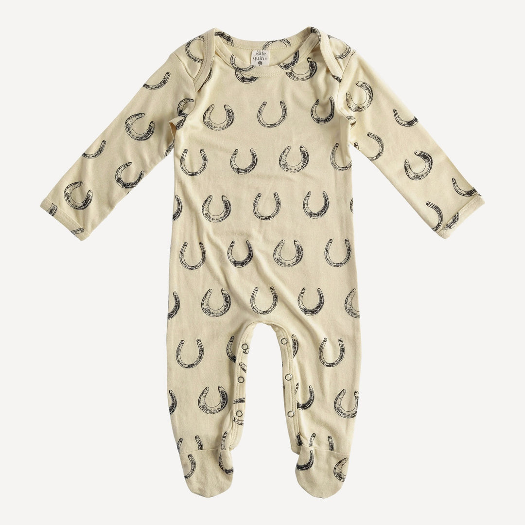 long sleeve lap neck footie | horse shoes | organic cotton jersey