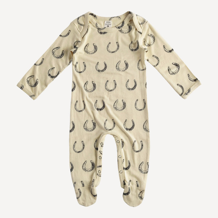 long sleeve lap neck footie | horse shoes | organic cotton jersey