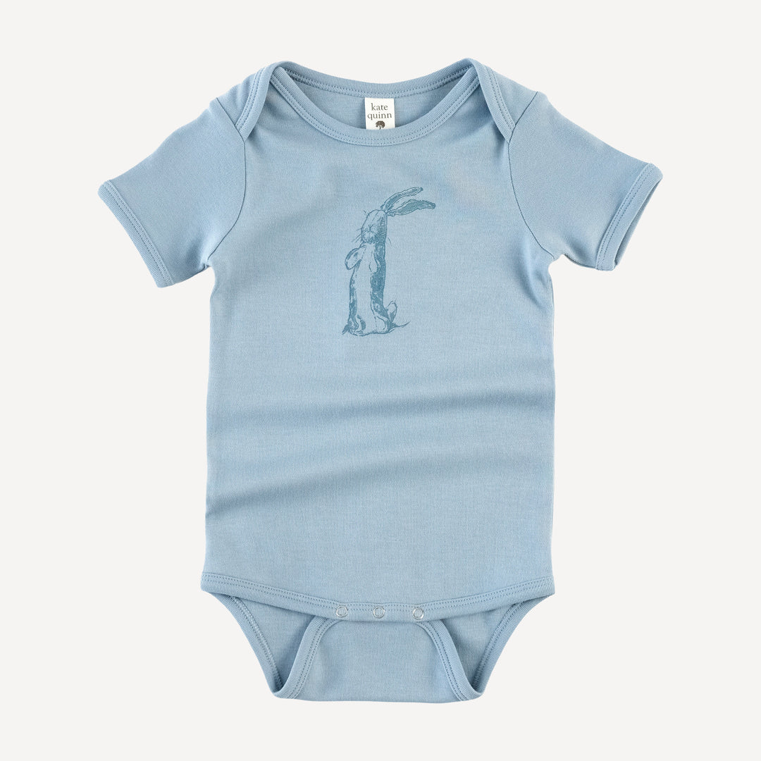 short sleeve lap neck bodysuit | plush rabbit screen | organic cotton interlock