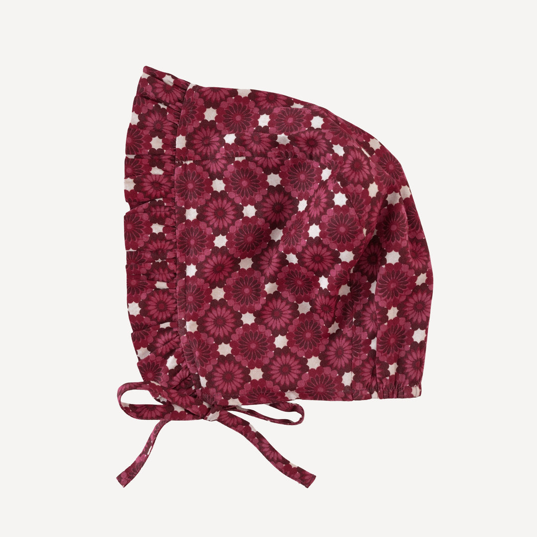 small ruffle bonnet | red geo floral | organic cotton sateen woven