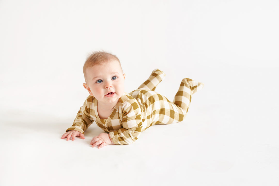 long sleeve two way zipper footie | fennel gingham | bamboo