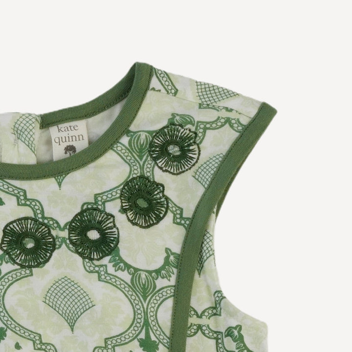 sleeveless embroidered apron dress | fog green folk floral | bamboo