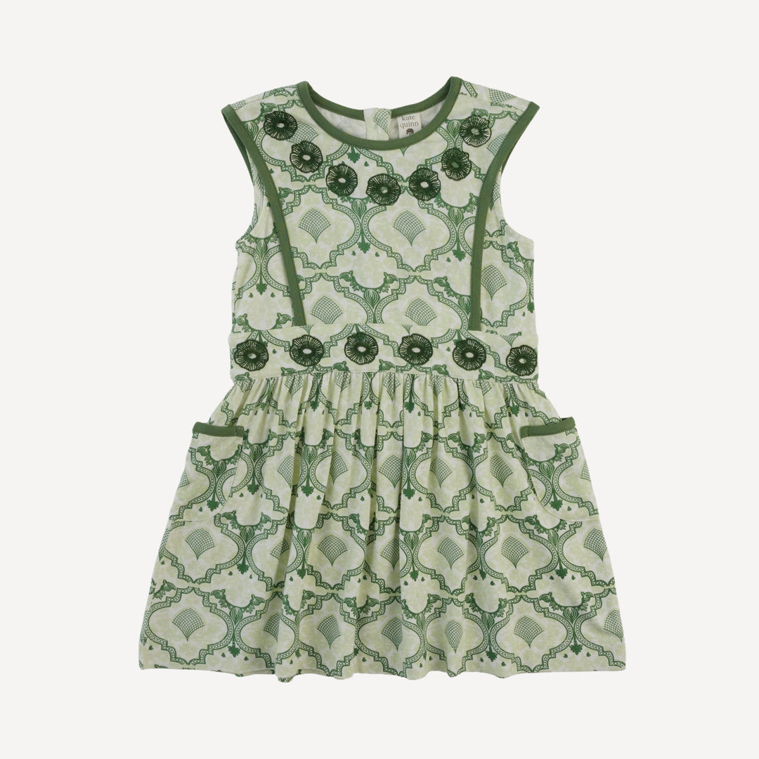 sleeveless embroidered apron dress | fog green folk floral | bamboo