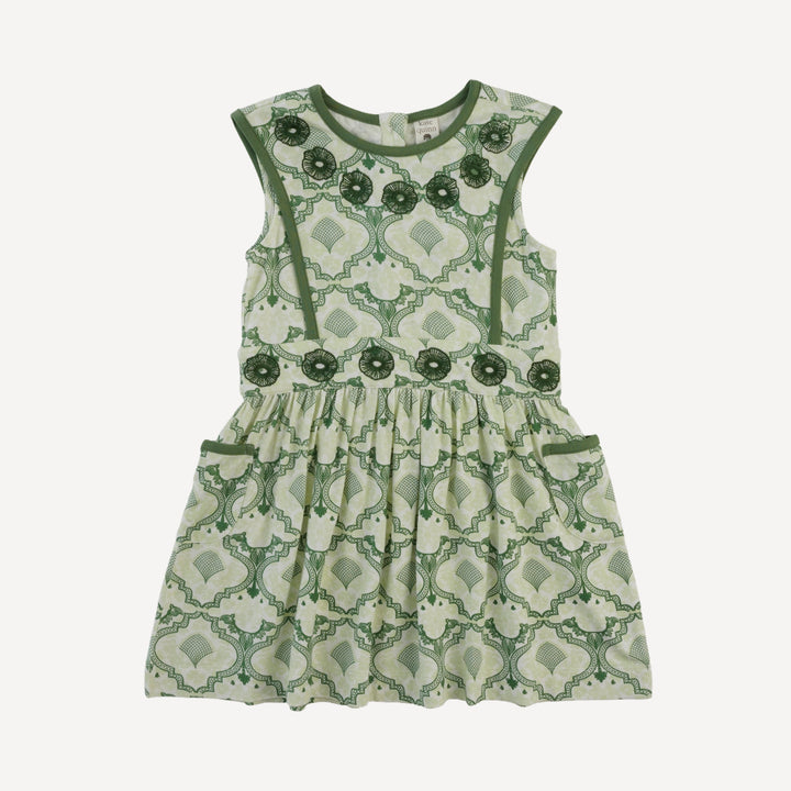 sleeveless embroidered apron dress | fog green folk floral | bamboo