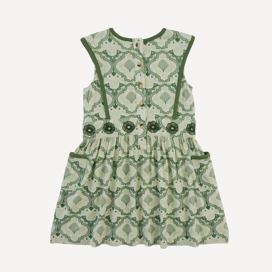 sleeveless embroidered apron dress | fog green folk floral | bamboo