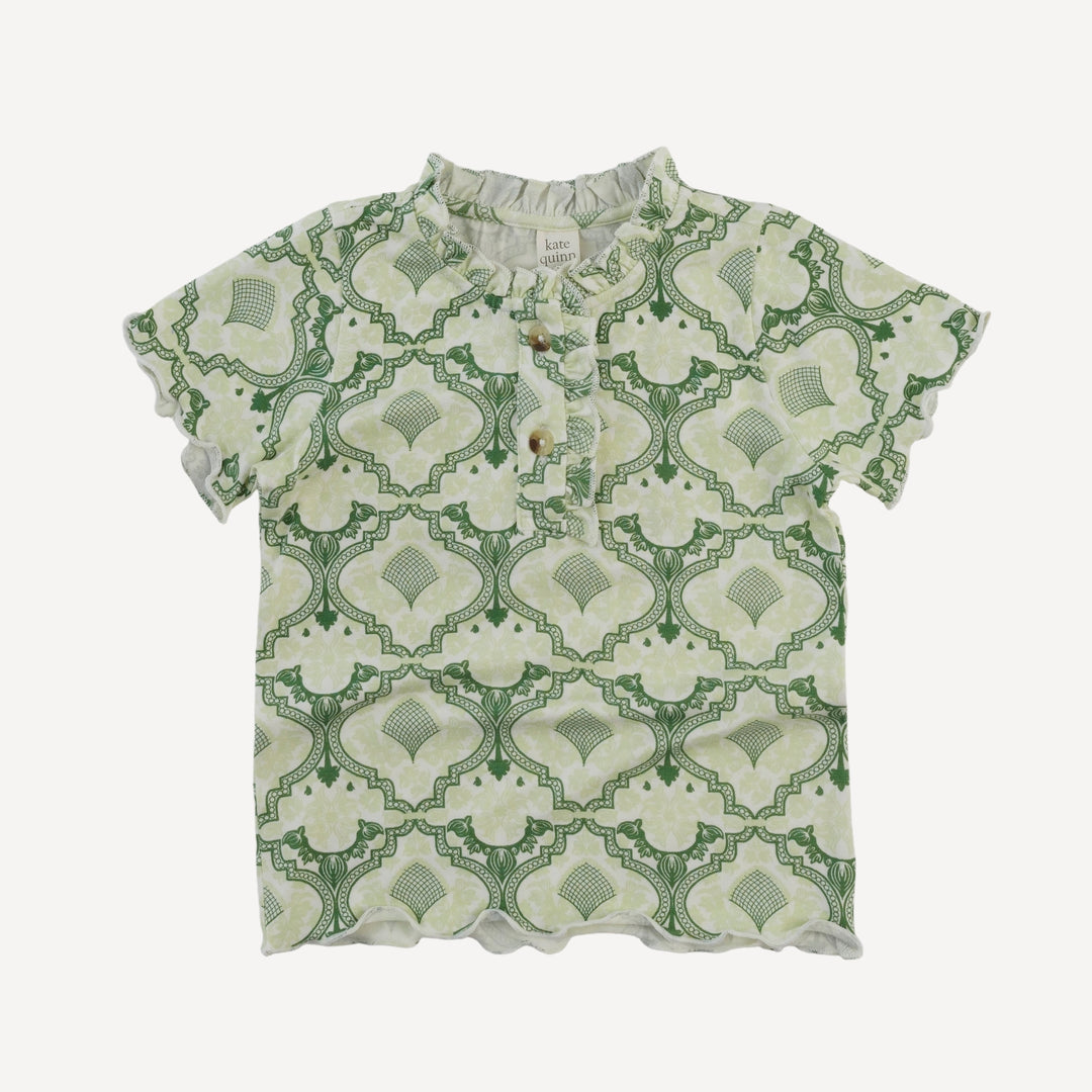 short sleeve ruffle henley tee | fog green folk floral | bamboo