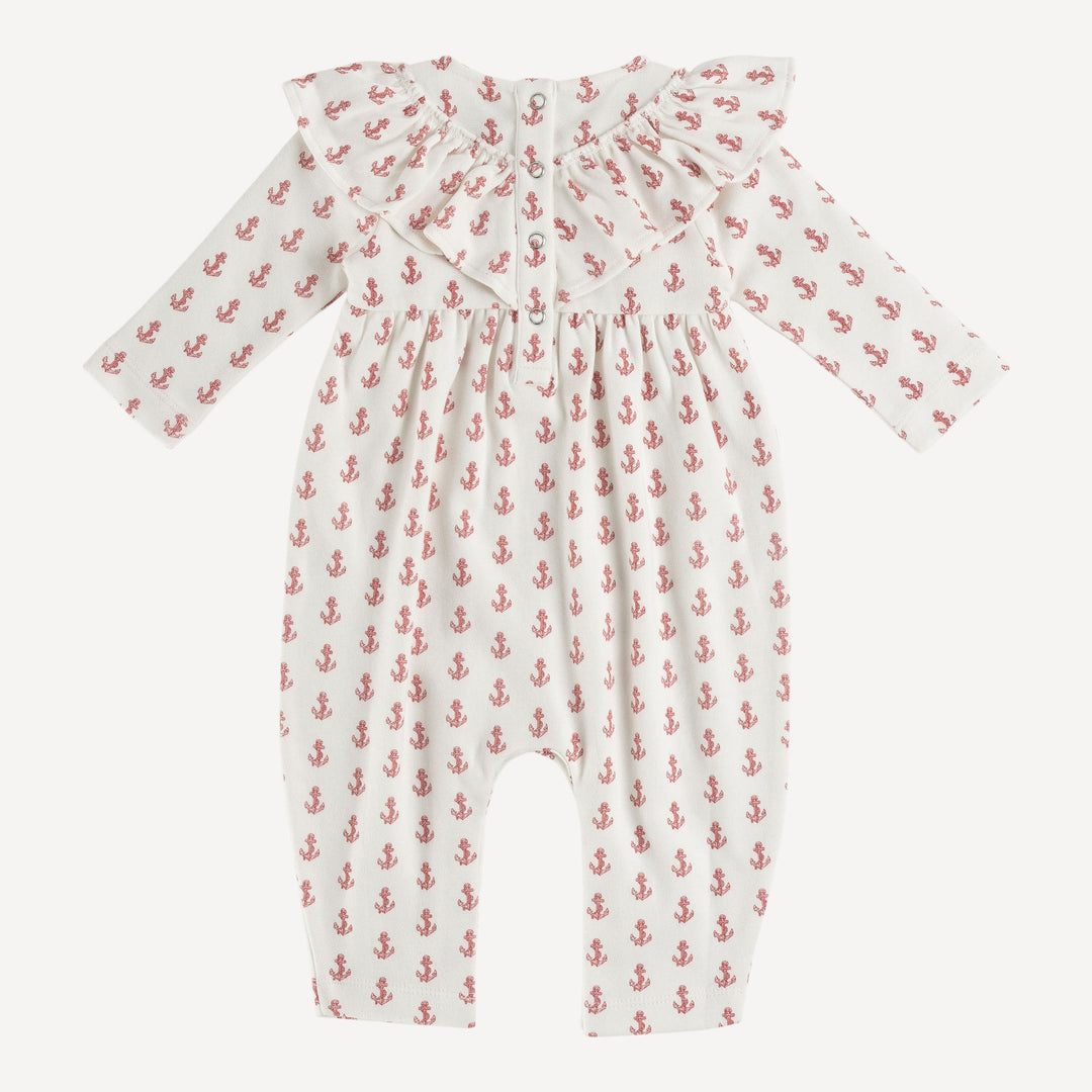 long sleeve v-neck ruffle jumpsuit | red anchors | organic cotton interlock