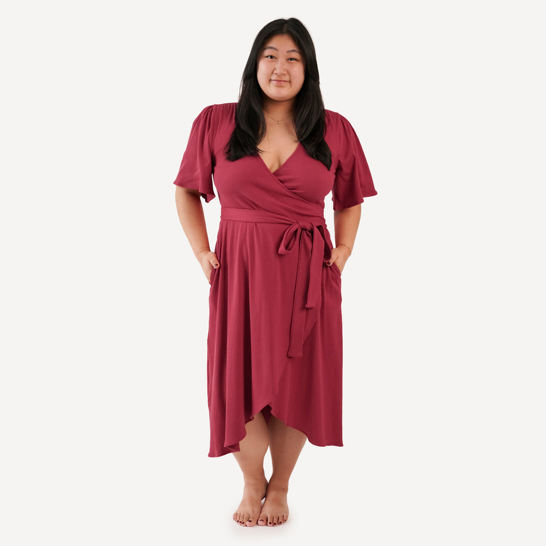 womens midi flutter sleeve wrap dress | cardinal | organic cotton single rib L