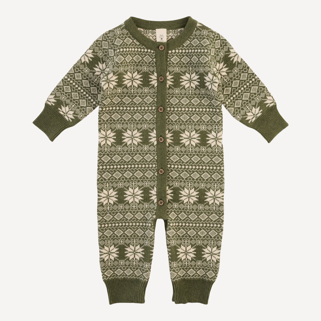 long sleeve button down sweater jumpsuit | nordic bronze green | organic cotton jacquard knit
