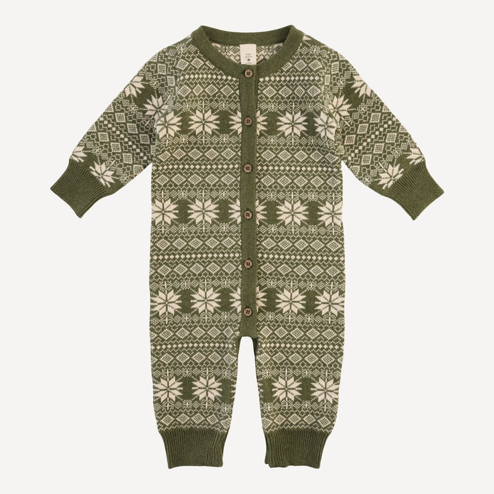 long sleeve button down sweater jumpsuit | nordic bronze green | organic cotton jacquard knit
