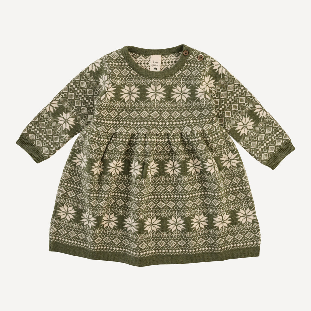 long sleeve shoulder button sweater dress | nordic bronze green | organic cotton jacquard knit