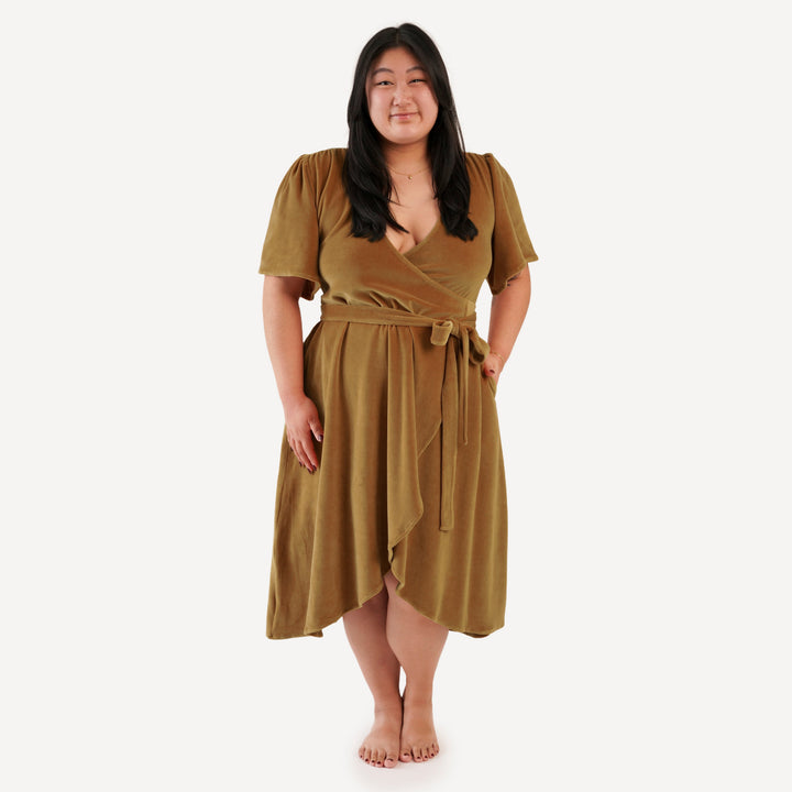 womens midi flutter sleeve wrap dress | apple cinnamon | organic cotton velour