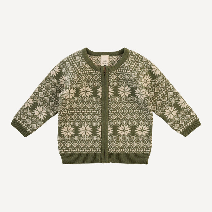 zipper sweater cardigan | nordic bronze green | organic cotton jacquard knit