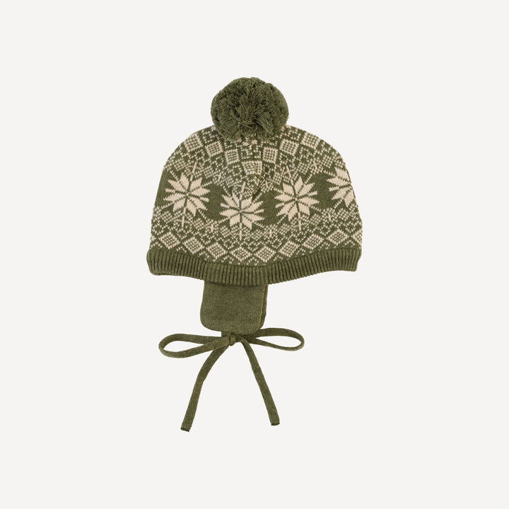 ear flap sweater beanie | nordic bronze green | organic cotton jacquard knit