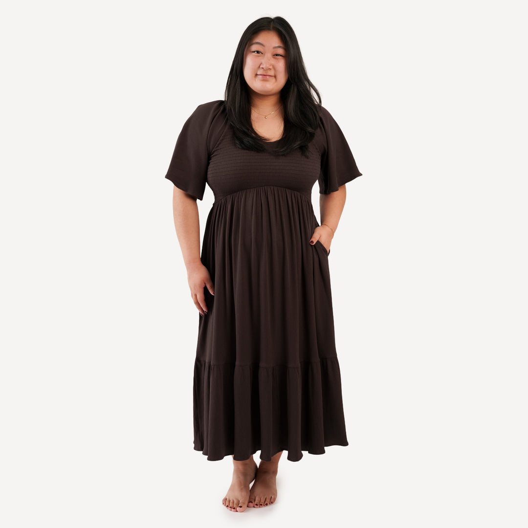 womens flutter sleeve smocked midi dress | hot fudge | organic cotton single rib