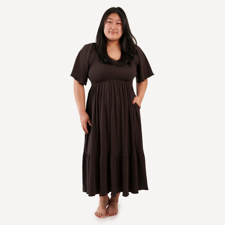 womens flutter sleeve smocked midi dress | hot fudge | organic cotton single rib