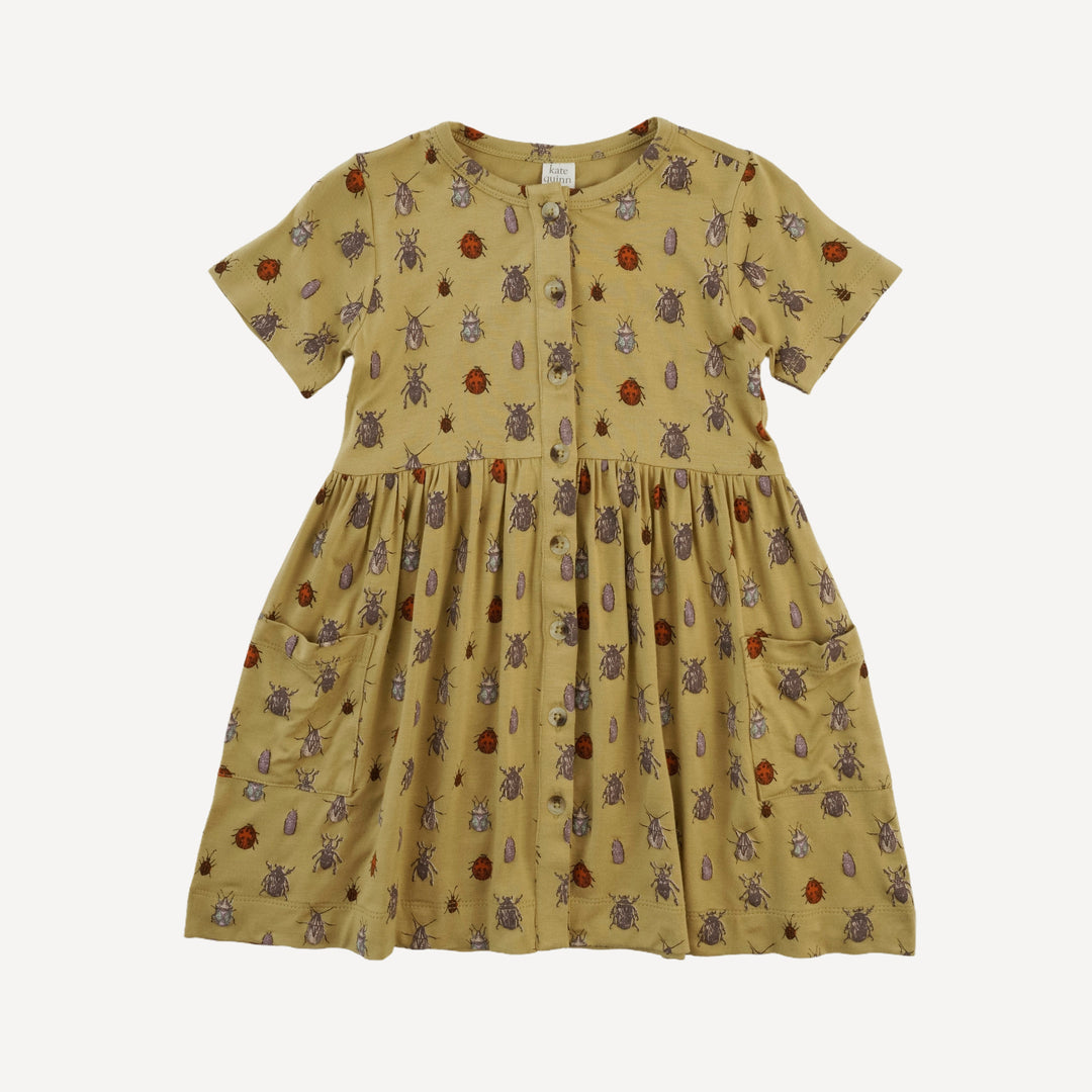short sleeve button front pocket dress | neutral little beetles | bamboo