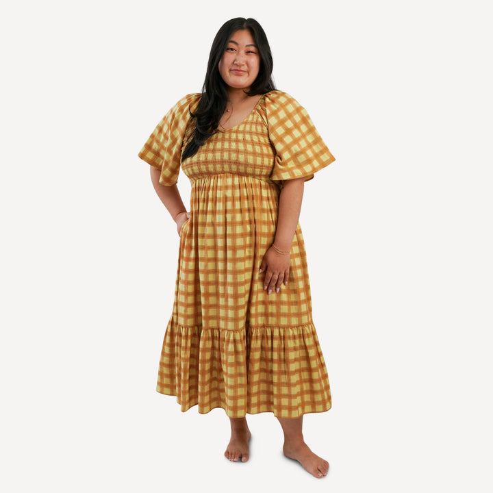 womens rosette dress | brown plaid | organic cotton gauze