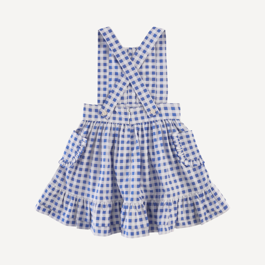 ruffle pocket overall dress | blue gingham | organic cotton mid-weight woven