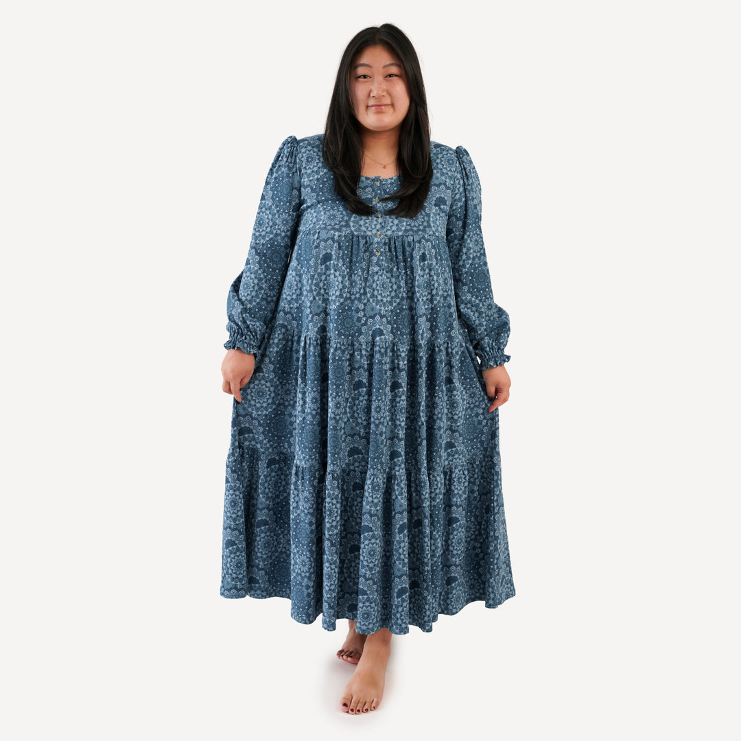 womens long sleeve henley prairie dress | celestial mandala | organic cotton interlock