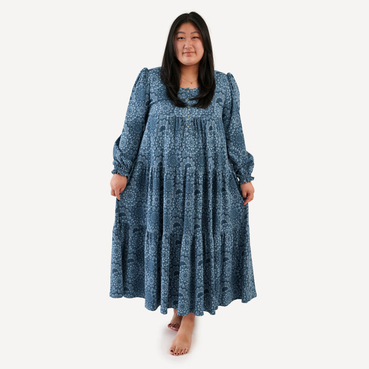 womens long sleeve henley prairie dress | celestial mandala | organic cotton interlock