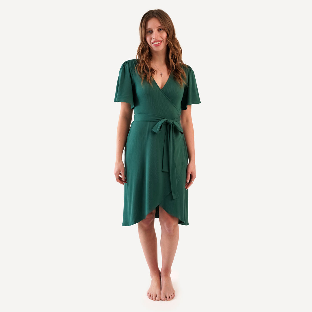 womens midi flutter sleeve wrap dress | hunter