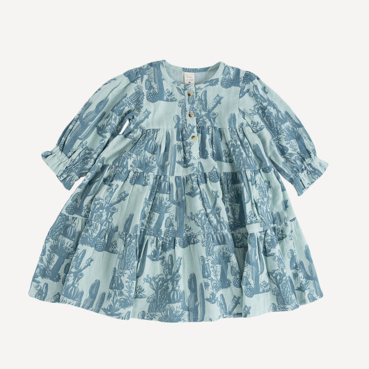 long sleeve prairie dress | blue cactus | organic cotton gauze