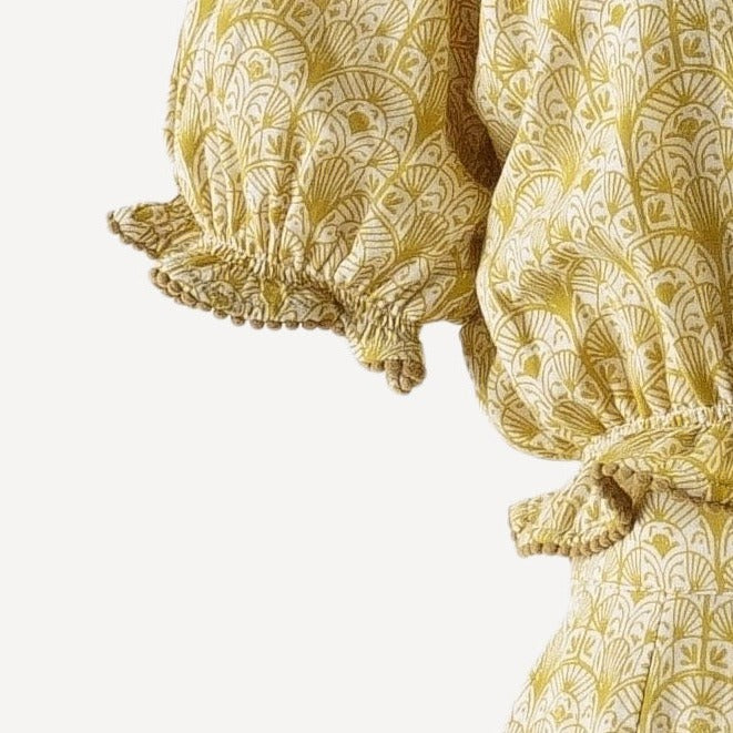 womens pom pom short sleeve crop top and short set | gold deco arches | organic cotton gauze
