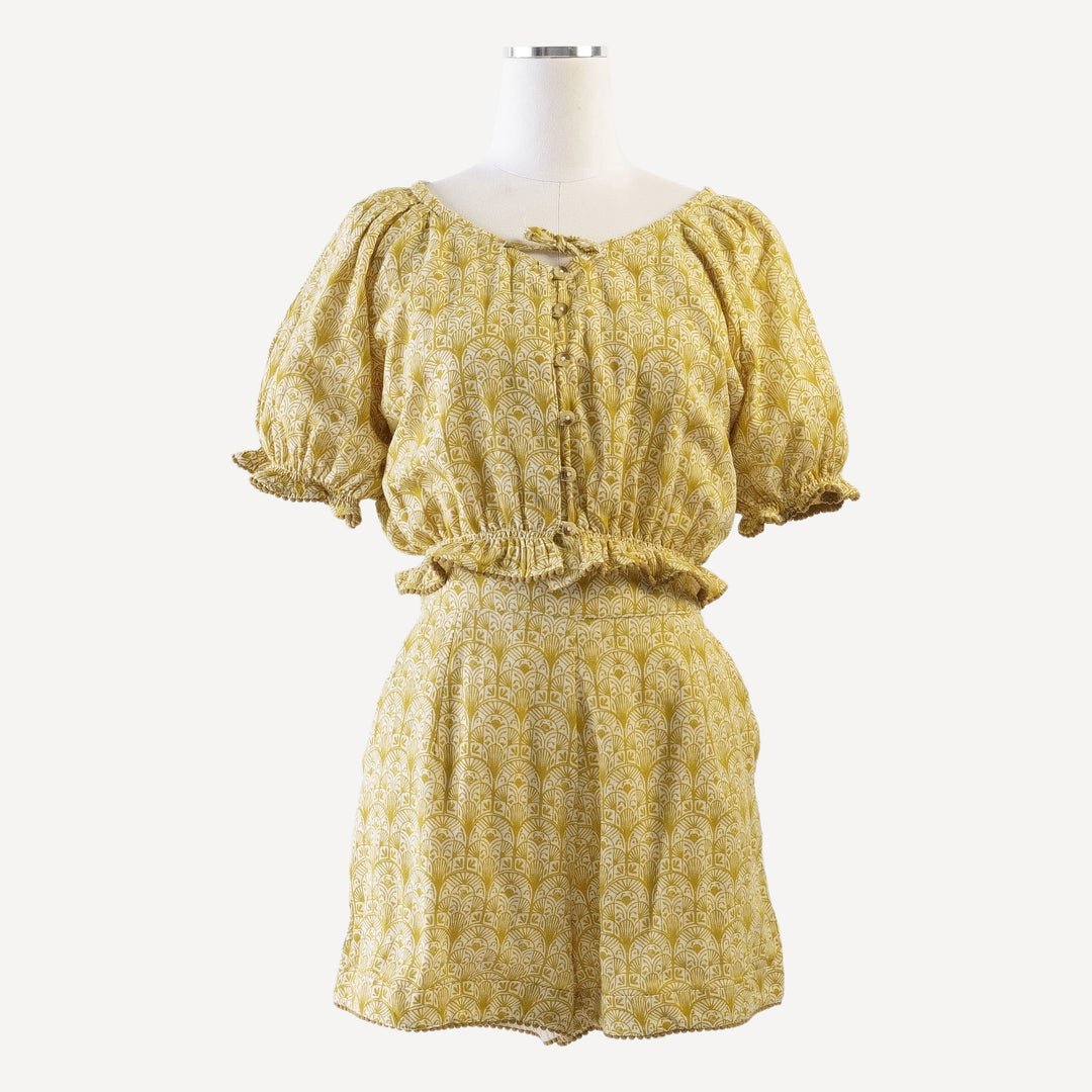 womens pom pom short sleeve crop top and short set | gold deco arches | organic cotton gauze