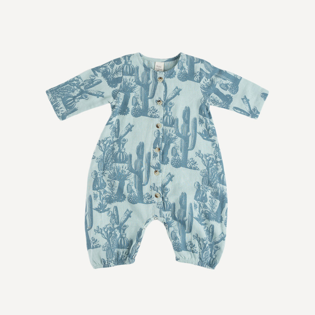 long sleeve henley bubble romper | blue cactus | organic cotton gauze