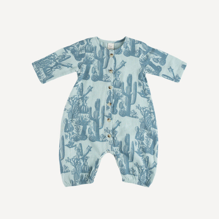 long sleeve henley bubble romper | blue cactus | organic cotton gauze