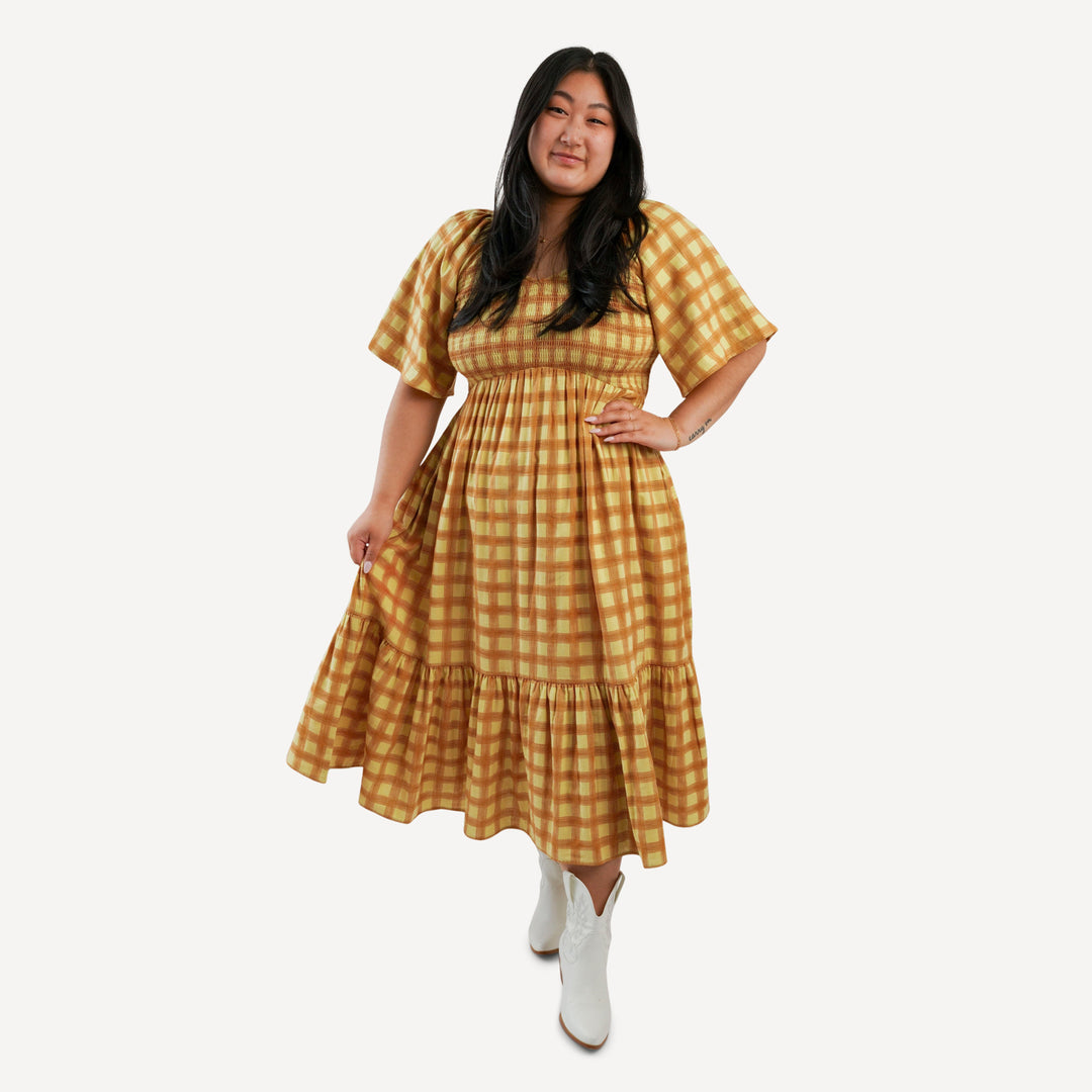 womens rosette dress | brown plaid | organic cotton gauze