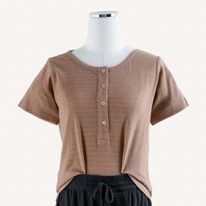 womens short sleeve button henley | cinnamon cocoa stripe | organic cotton skinny rib