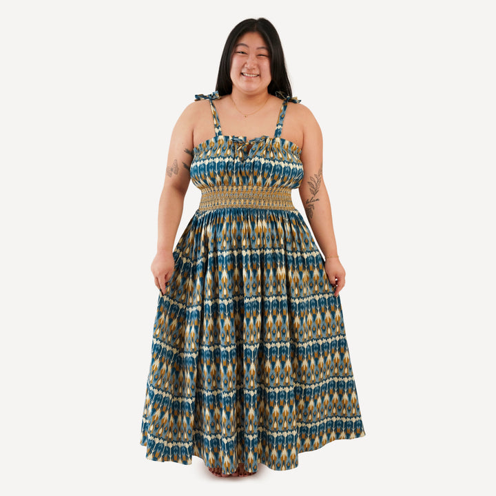 womens spaghetti tie winnie dress | blue ikat | organic cotton sateen woven